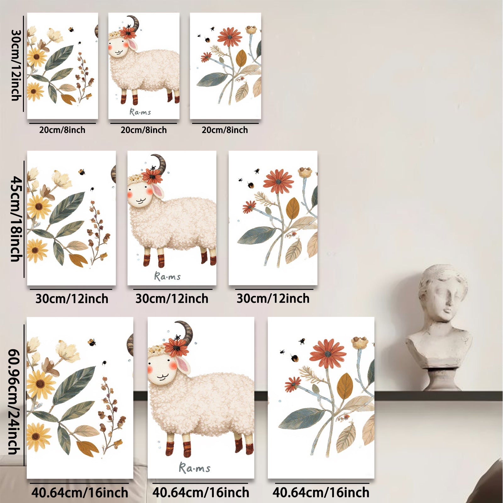 2D flat 1pc charming sheep farmhouse wall art prints botanical decor cozy living room bedroom gallery wrapped canvas modern minimalist style