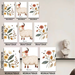 2D flat 1pc charming sheep farmhouse wall art prints botanical decor cozy living room bedroom gallery wrapped canvas modern minimalist style