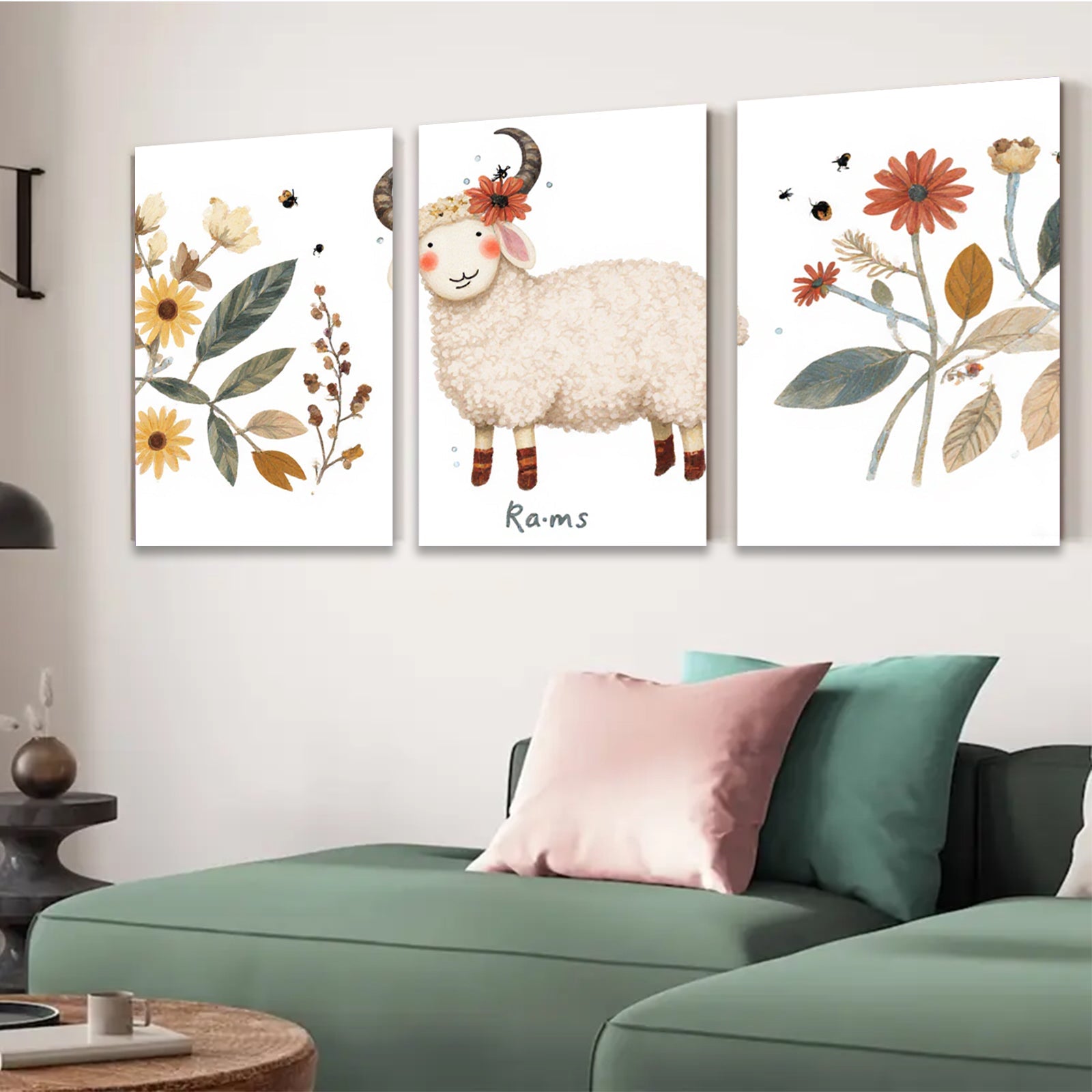 2D flat 1pc charming sheep farmhouse wall art prints botanical decor cozy living room bedroom gallery wrapped canvas modern minimalist style