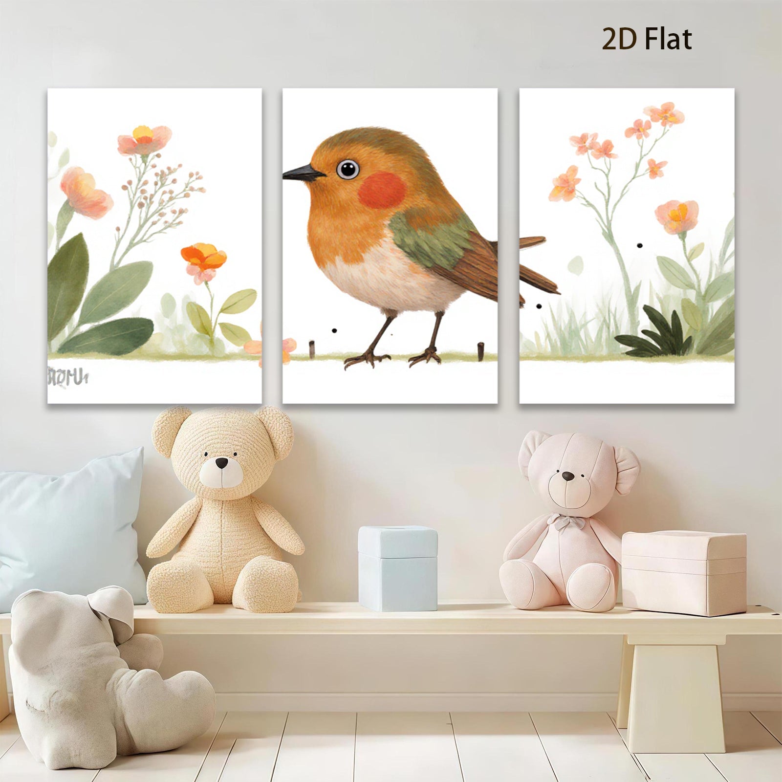 2D flat 1pc charming songbird amid blossoming wildflowers perfect nursery bedroom living room wall decor farmhouse style modern minimalist cozy home aesthetic
