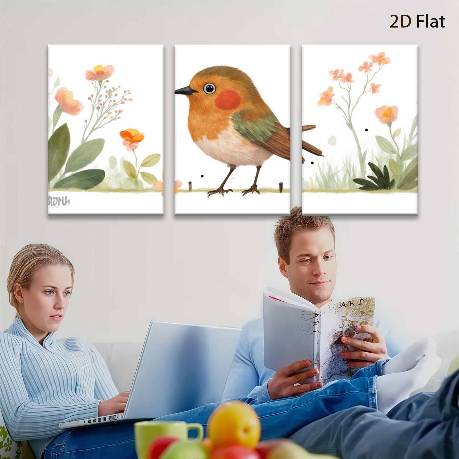 2D flat 1pc charming songbird amid blossoming wildflowers perfect nursery bedroom living room wall decor farmhouse style modern minimalist cozy home aesthetic