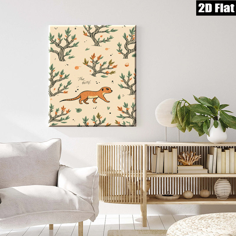 2D flat 1pc charming weasel illustration botanical wall art cozy farmhouse decor living room bedroom gallery wrapped canvas print modern minimalist style