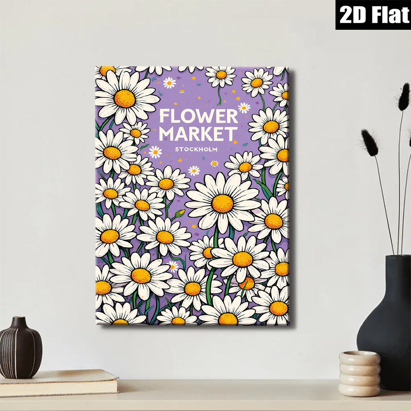2D flat 1pc cheerful daisy floral pattern wall art bedroom living room decor farmhouse style botanical prints gallery wrapped canvas modern minimalist