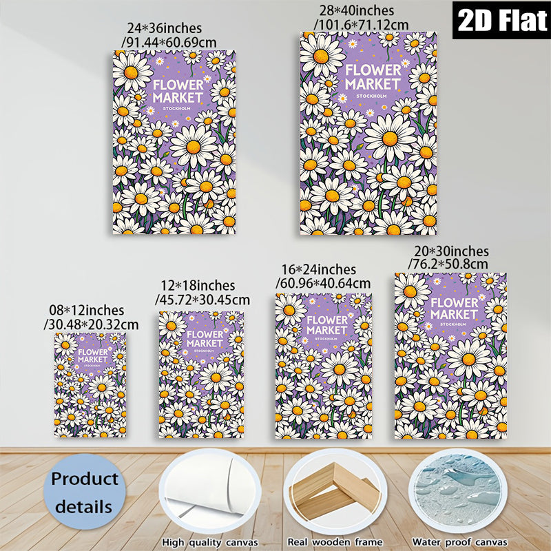 2D flat 1pc cheerful daisy floral pattern wall art bedroom living room decor farmhouse style botanical prints gallery wrapped canvas modern minimalist