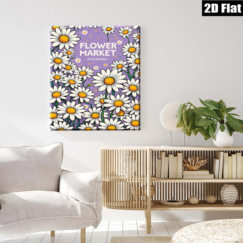 2D flat 1pc cheerful daisy floral pattern wall art bedroom living room decor farmhouse style botanical prints gallery wrapped canvas modern minimalist