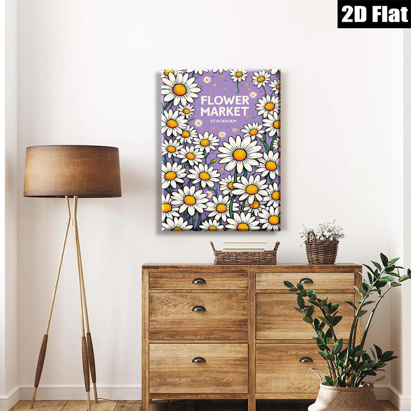 2D flat 1pc cheerful daisy floral pattern wall art bedroom living room decor farmhouse style botanical prints gallery wrapped canvas modern minimalist
