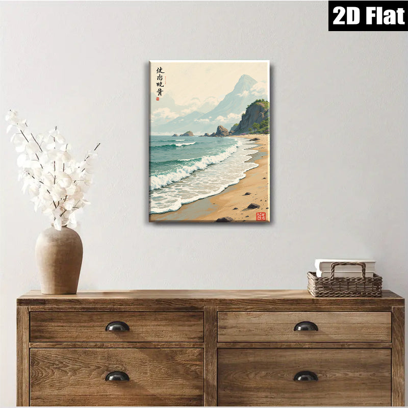 2D flat 1pc coastal serenity beach waves ocean landscape wall art home decor living room bedroom gallery wrapped canvas print modern farmhouse style