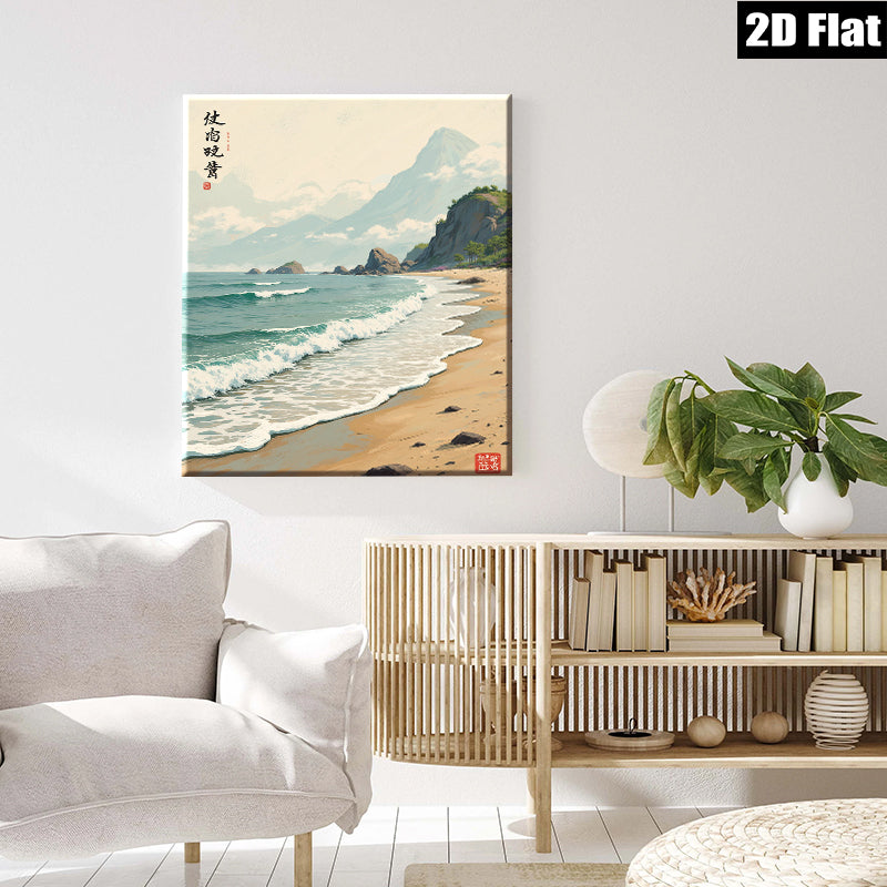 2D flat 1pc coastal serenity beach waves ocean landscape wall art home decor living room bedroom gallery wrapped canvas print modern farmhouse style