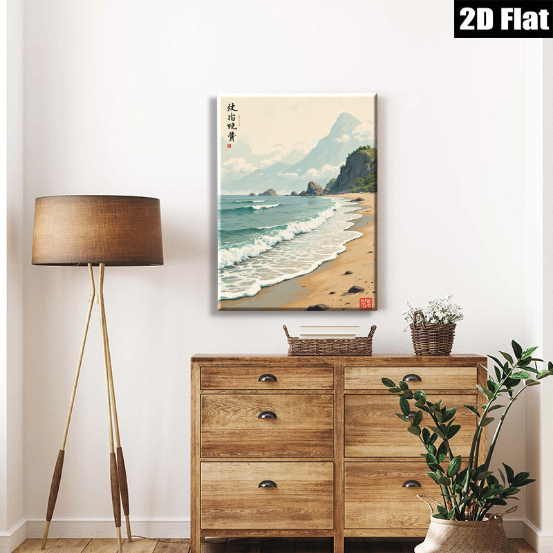 2D flat 1pc coastal serenity beach waves ocean landscape wall art home decor living room bedroom gallery wrapped canvas print modern farmhouse style