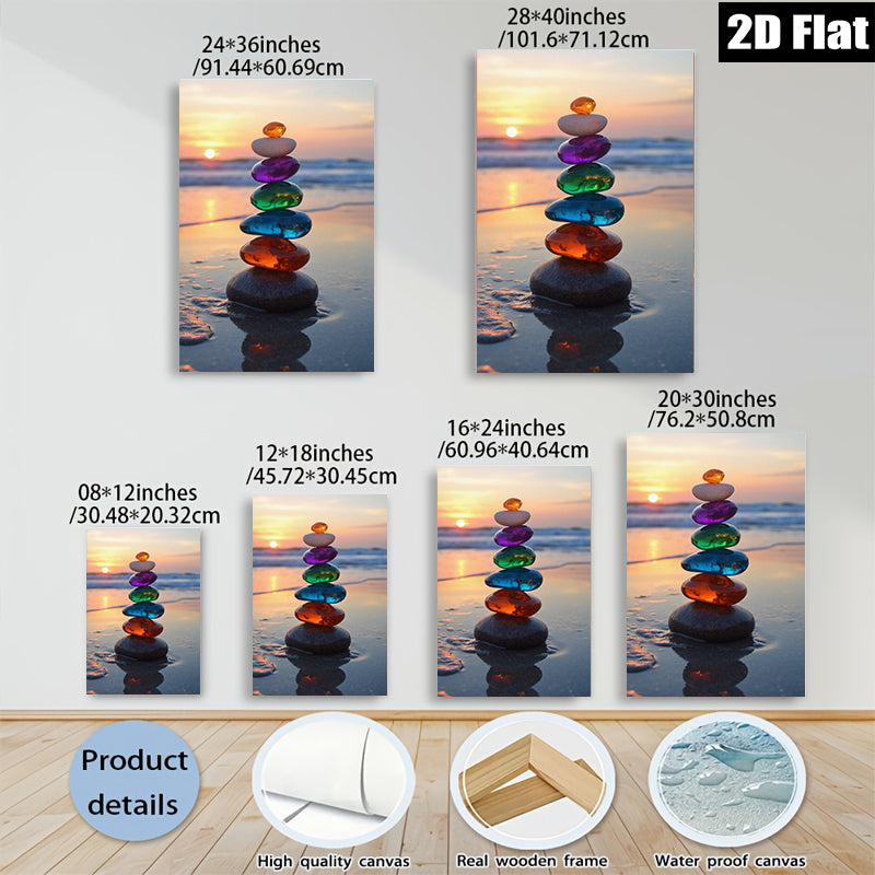2D flat 1pc colorful beach stones stack sunset coastal wall decor living room bedroom farmhouse modern gallery wrapped canvas prints