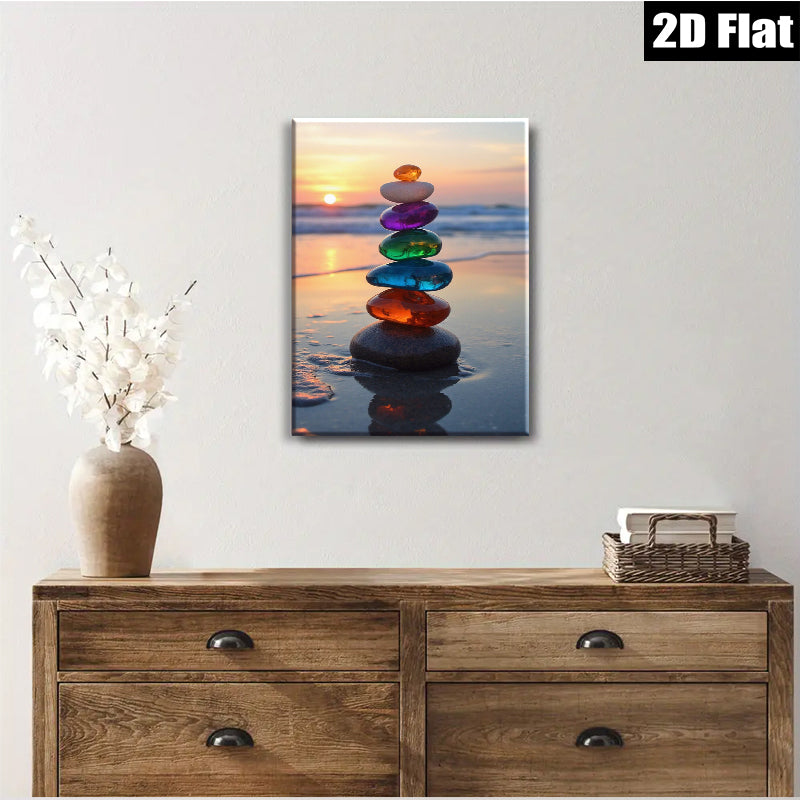 2D flat 1pc colorful beach stones stack sunset coastal wall decor living room bedroom farmhouse modern gallery wrapped canvas prints
