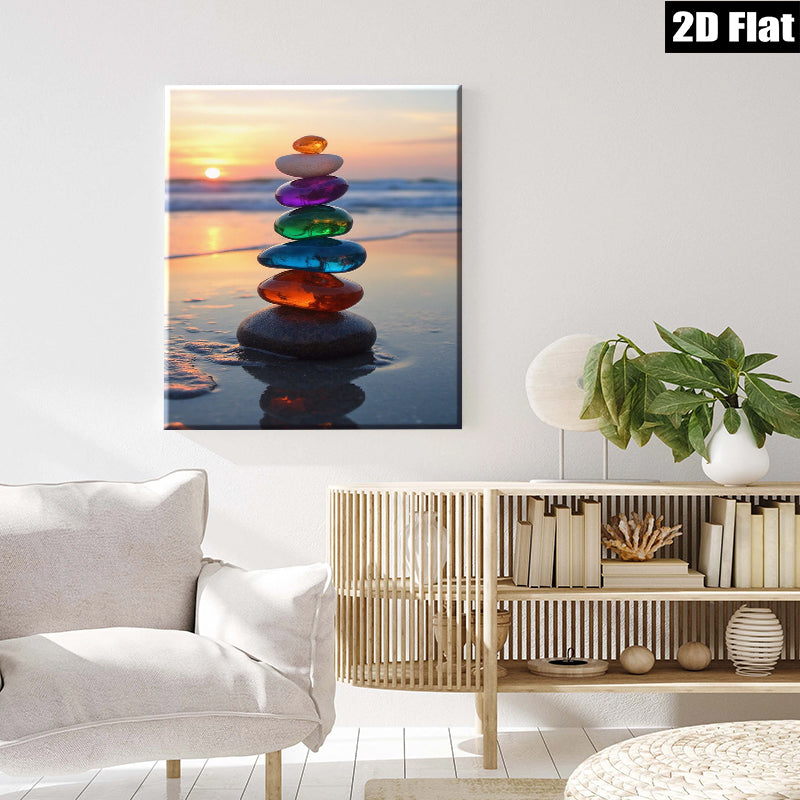 2D flat 1pc colorful beach stones stack sunset coastal wall decor living room bedroom farmhouse modern gallery wrapped canvas prints