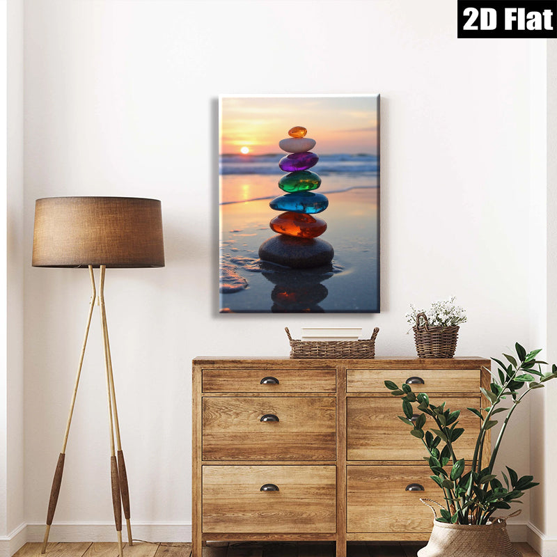 2D flat 1pc colorful beach stones stack sunset coastal wall decor living room bedroom farmhouse modern gallery wrapped canvas prints