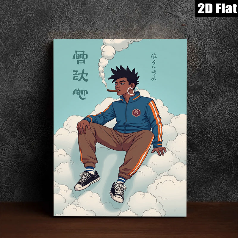 2D flat 1pc cool urban youth relaxing among clouds modern wall art bedroom living room decor gallery wrapped canvas prints minimalist aesthetic