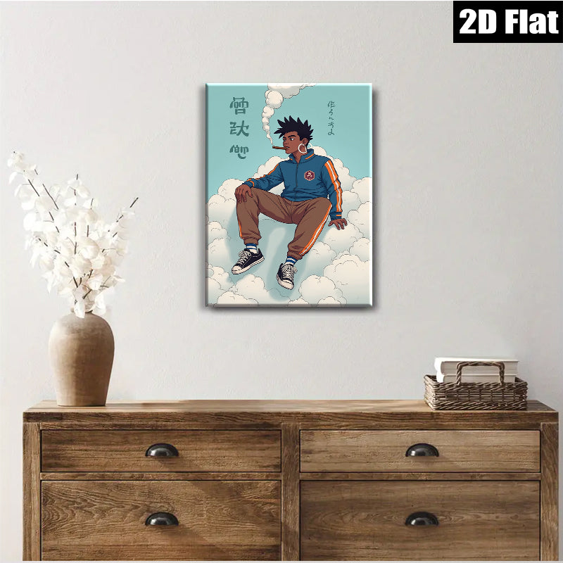 2D flat 1pc cool urban youth relaxing among clouds modern wall art bedroom living room decor gallery wrapped canvas prints minimalist aesthetic