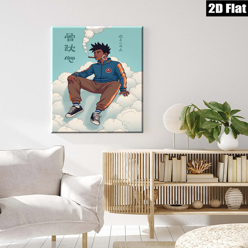 2D flat 1pc cool urban youth relaxing among clouds modern wall art bedroom living room decor gallery wrapped canvas prints minimalist aesthetic