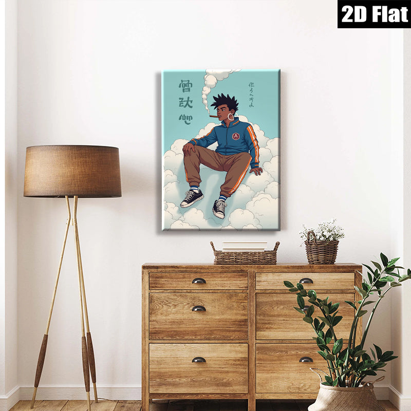 2D flat 1pc cool urban youth relaxing among clouds modern wall art bedroom living room decor gallery wrapped canvas prints minimalist aesthetic