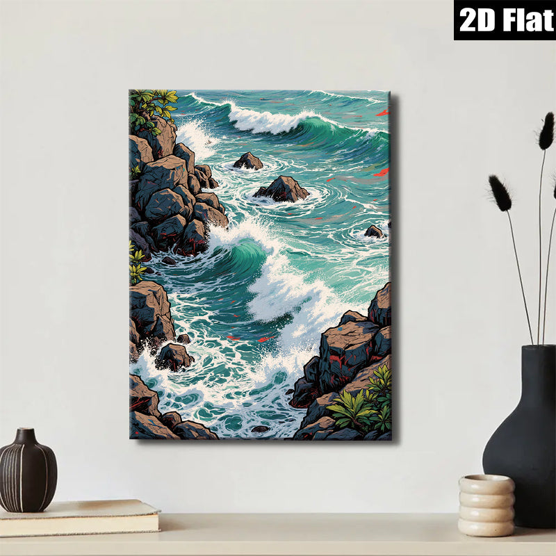 2D flat 1pc crashing waves rocky coastline serene ocean view wall decor for living room bedroom coastal farmhouse modern gallery wrapped canvas prints