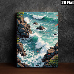 2D flat 1pc crashing waves rocky coastline serene ocean view wall decor for living room bedroom coastal farmhouse modern gallery wrapped canvas prints