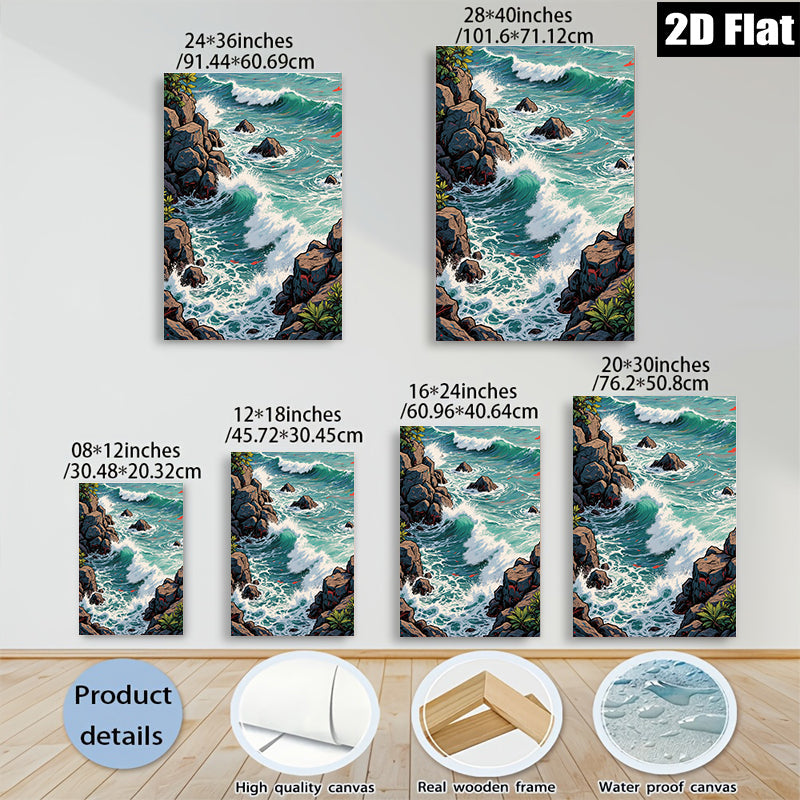 2D flat 1pc crashing waves rocky coastline serene ocean view wall decor for living room bedroom coastal farmhouse modern gallery wrapped canvas prints
