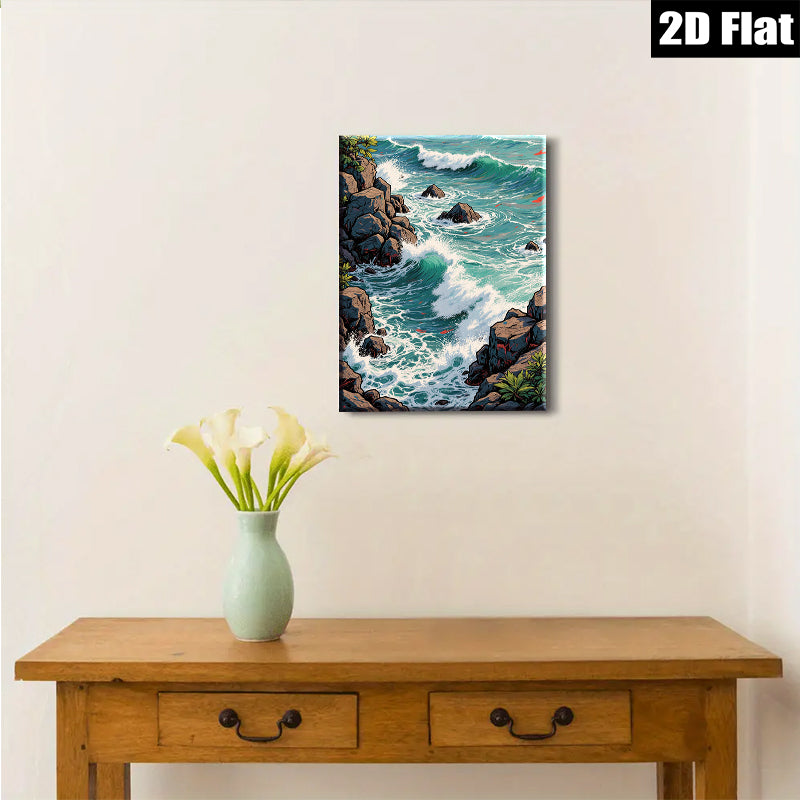2D flat 1pc crashing waves rocky coastline serene ocean view wall decor for living room bedroom coastal farmhouse modern gallery wrapped canvas prints