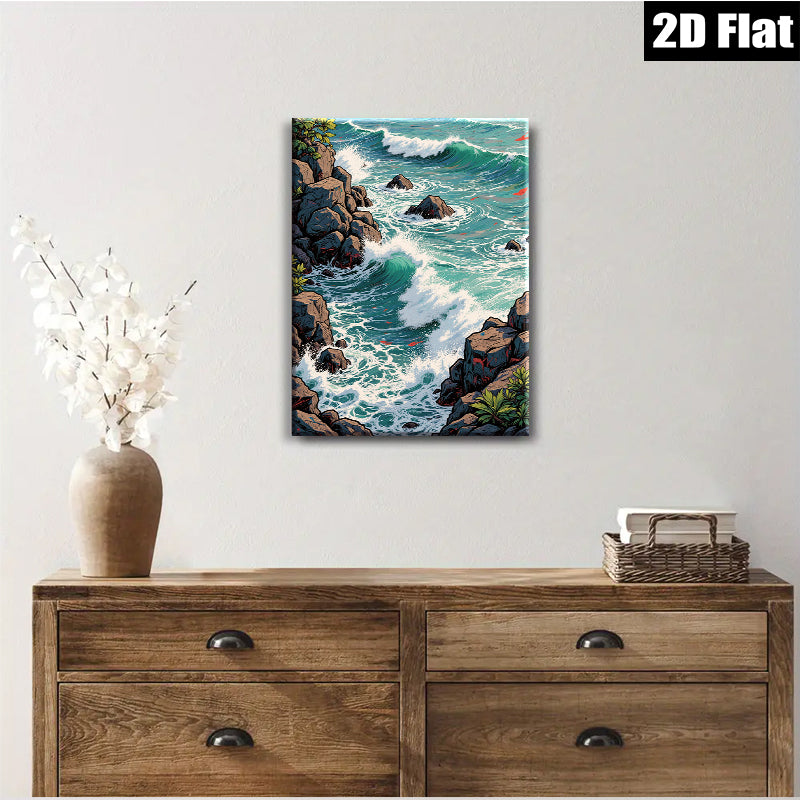 2D flat 1pc crashing waves rocky coastline serene ocean view wall decor for living room bedroom coastal farmhouse modern gallery wrapped canvas prints