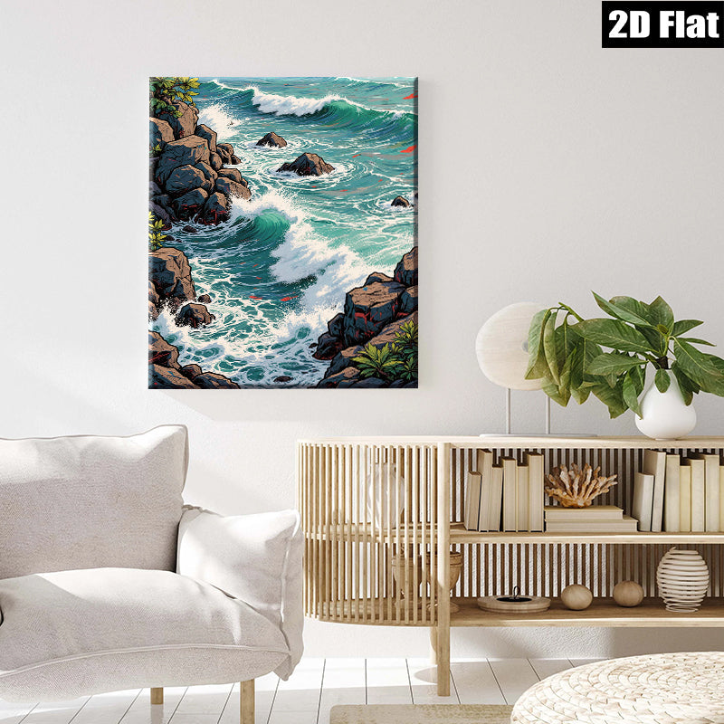 2D flat 1pc crashing waves rocky coastline serene ocean view wall decor for living room bedroom coastal farmhouse modern gallery wrapped canvas prints