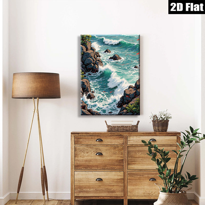 2D flat 1pc crashing waves rocky coastline serene ocean view wall decor for living room bedroom coastal farmhouse modern gallery wrapped canvas prints