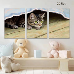 2D flat 1pc curious kitten peeking under soft blanket farmhouse wall art living room bedroom decor gallery wrapped canvas prints modern minimalist style