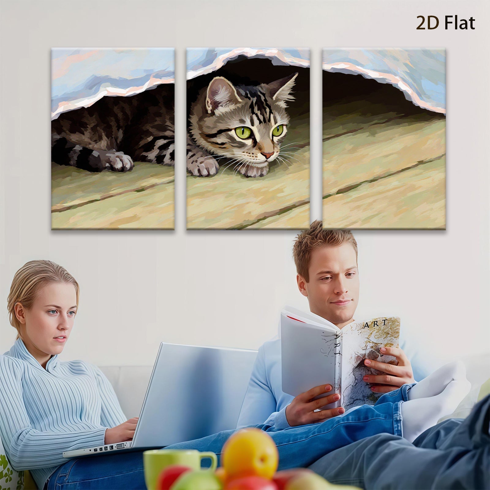 2D flat 1pc curious kitten peeking under soft blanket farmhouse wall art living room bedroom decor gallery wrapped canvas prints modern minimalist style