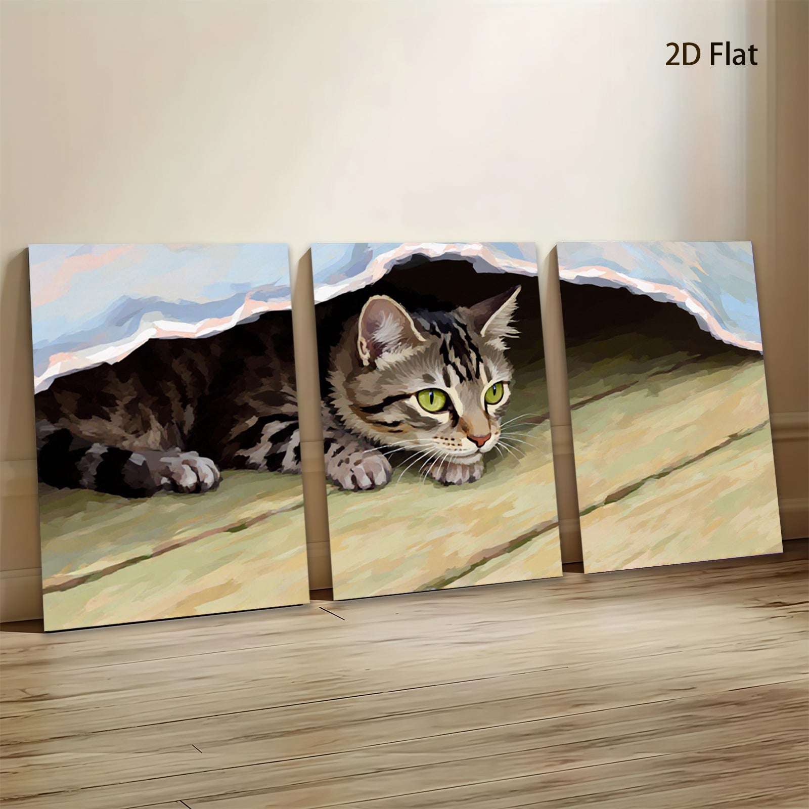 2D flat 1pc curious kitten peeking under soft blanket farmhouse wall art living room bedroom decor gallery wrapped canvas prints modern minimalist style