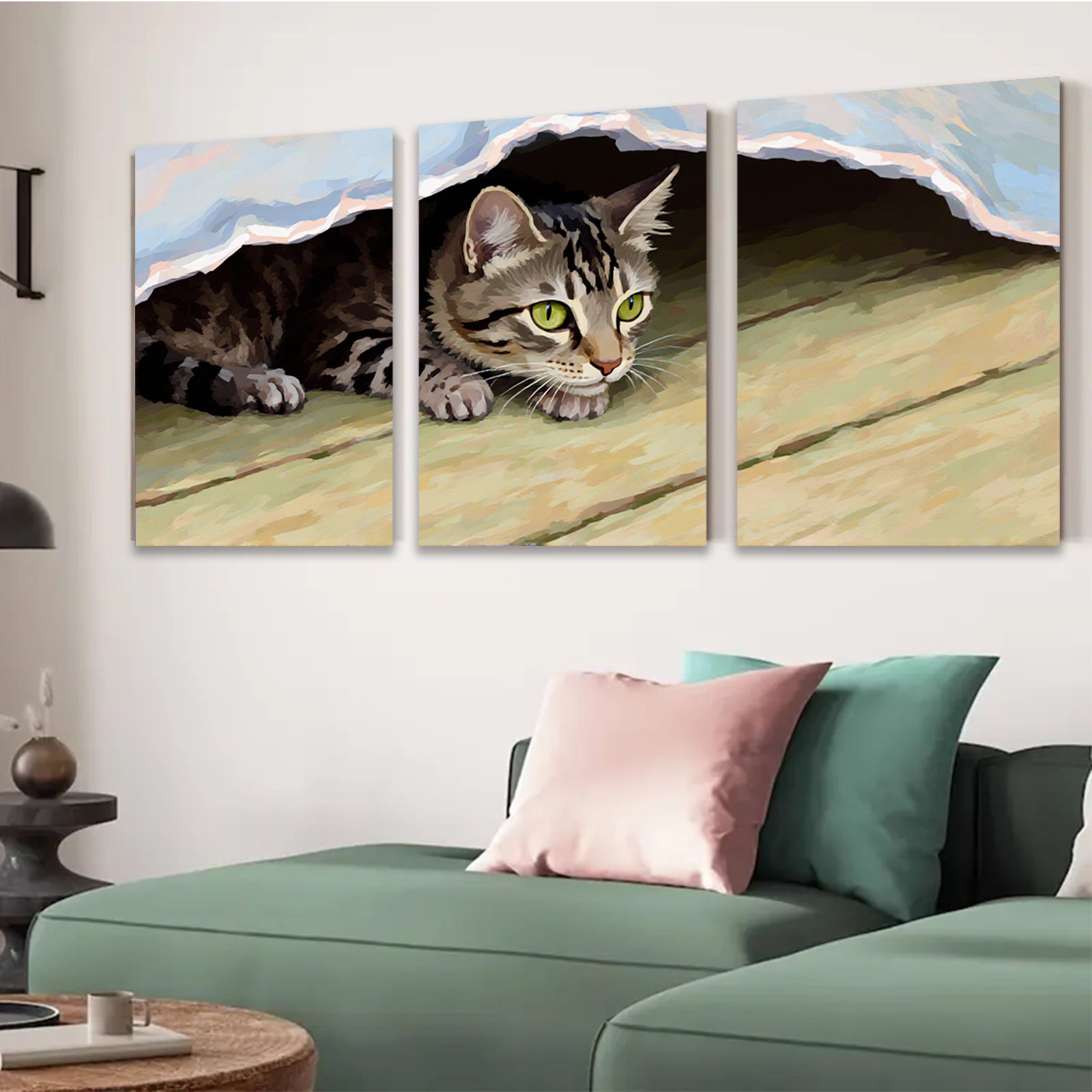 2D flat 1pc curious kitten peeking under soft blanket farmhouse wall art living room bedroom decor gallery wrapped canvas prints modern minimalist style