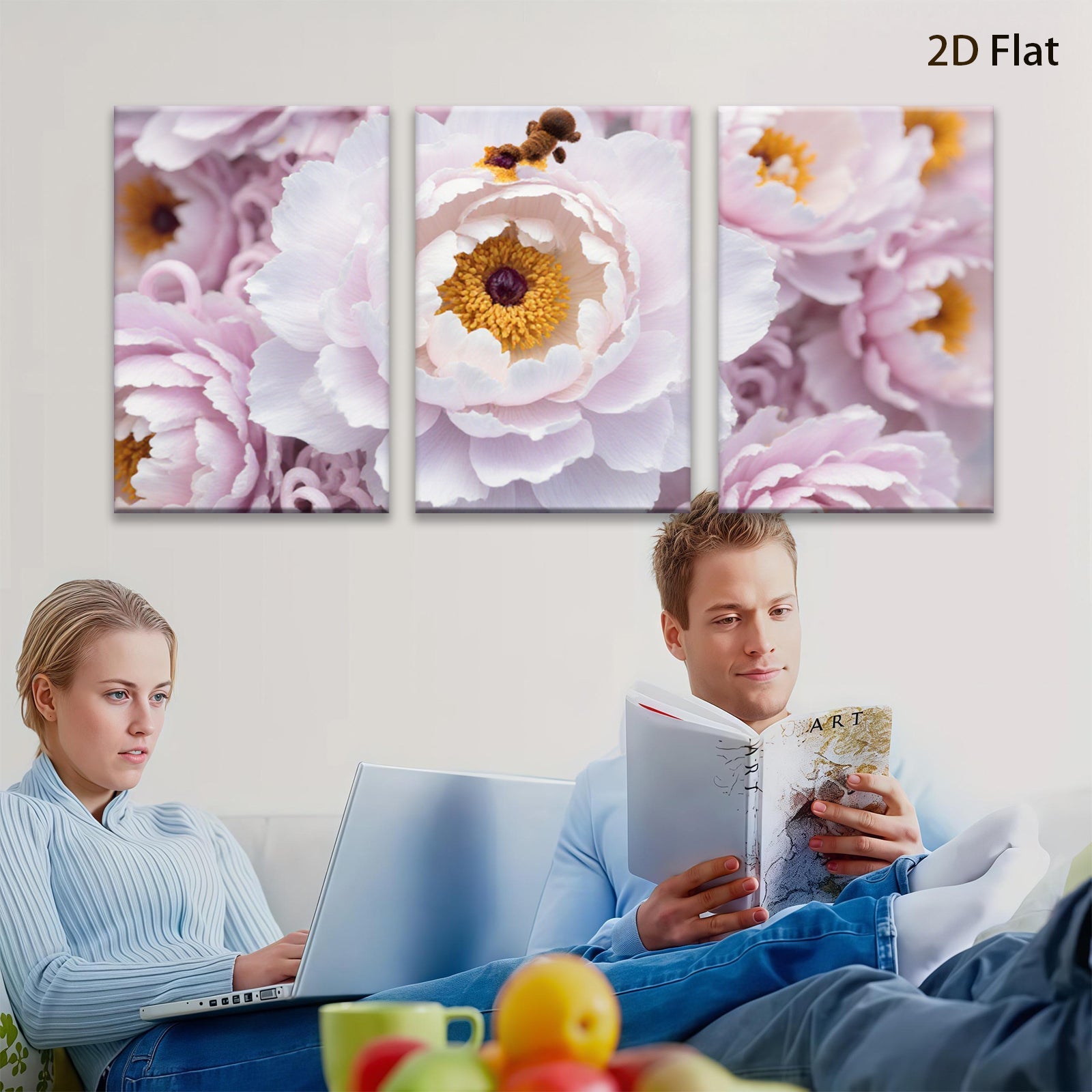 2D flat 1pc delicate pink white peony blooms floral wall art living room bedroom decor farmhouse style canvas prints modern botanical art gallery wrapped