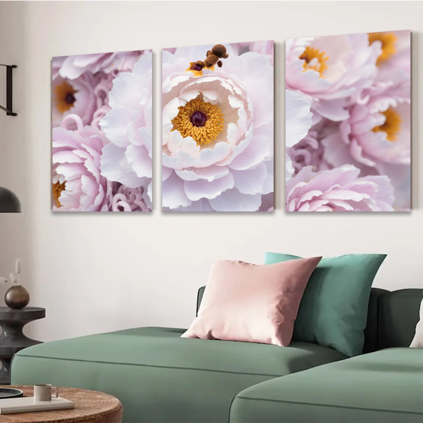 2D flat 1pc delicate pink white peony blooms floral wall art living room bedroom decor farmhouse style canvas prints modern botanical art gallery wrapped