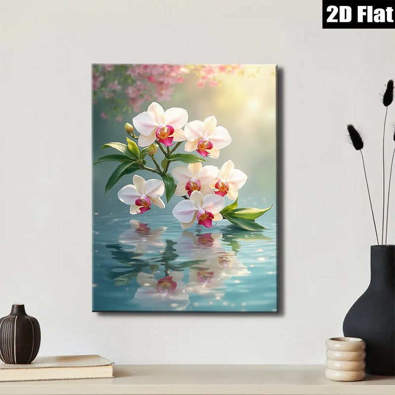 2D flat 1pc delicate white orchid blooms serene water reflections bedroom living room wall decor farmhouse style gallery wrapped canvas print