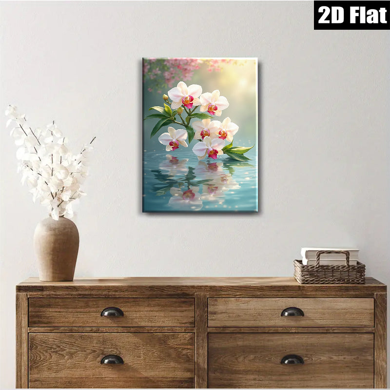 2D flat 1pc delicate white orchid blooms serene water reflections bedroom living room wall decor farmhouse style gallery wrapped canvas print