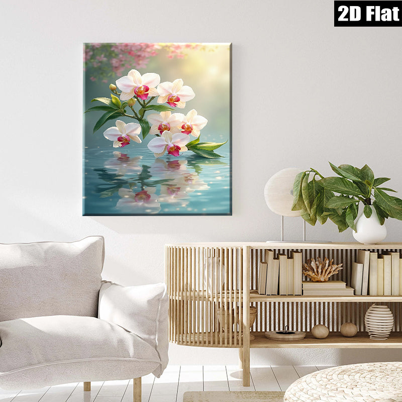 2D flat 1pc delicate white orchid blooms serene water reflections bedroom living room wall decor farmhouse style gallery wrapped canvas print