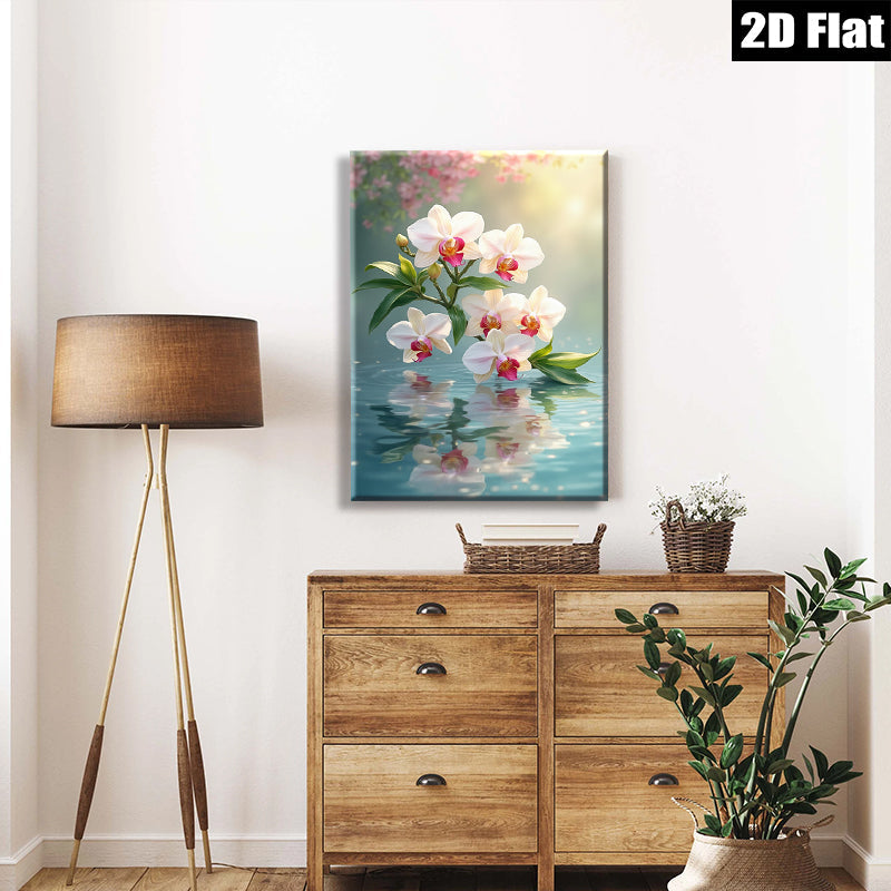 2D flat 1pc delicate white orchid blooms serene water reflections bedroom living room wall decor farmhouse style gallery wrapped canvas print