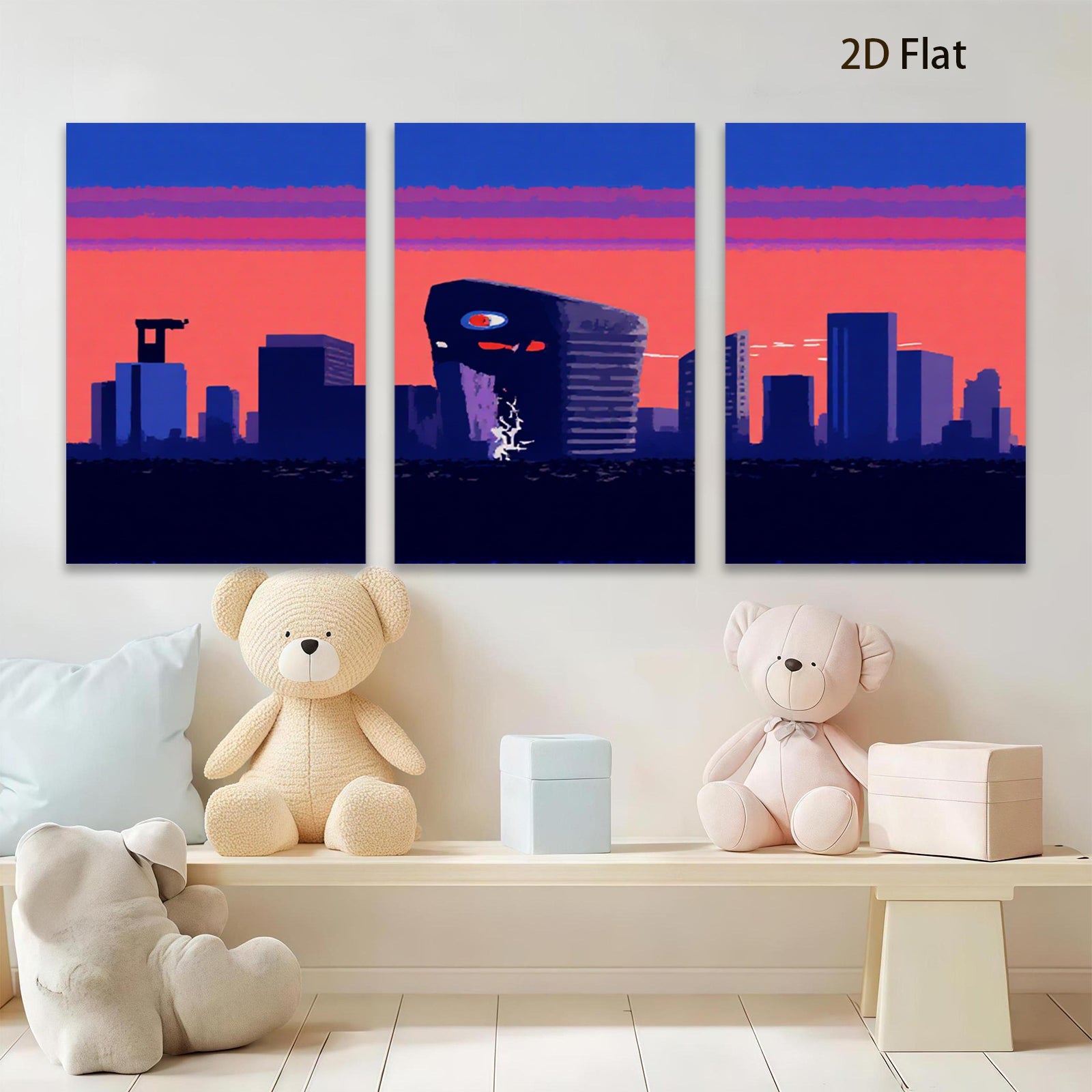2D flat 1pc dystopian cityscape retro wave neon glow modern wall art bedroom living room decor gallery wrapped canvas prints farmhouse style