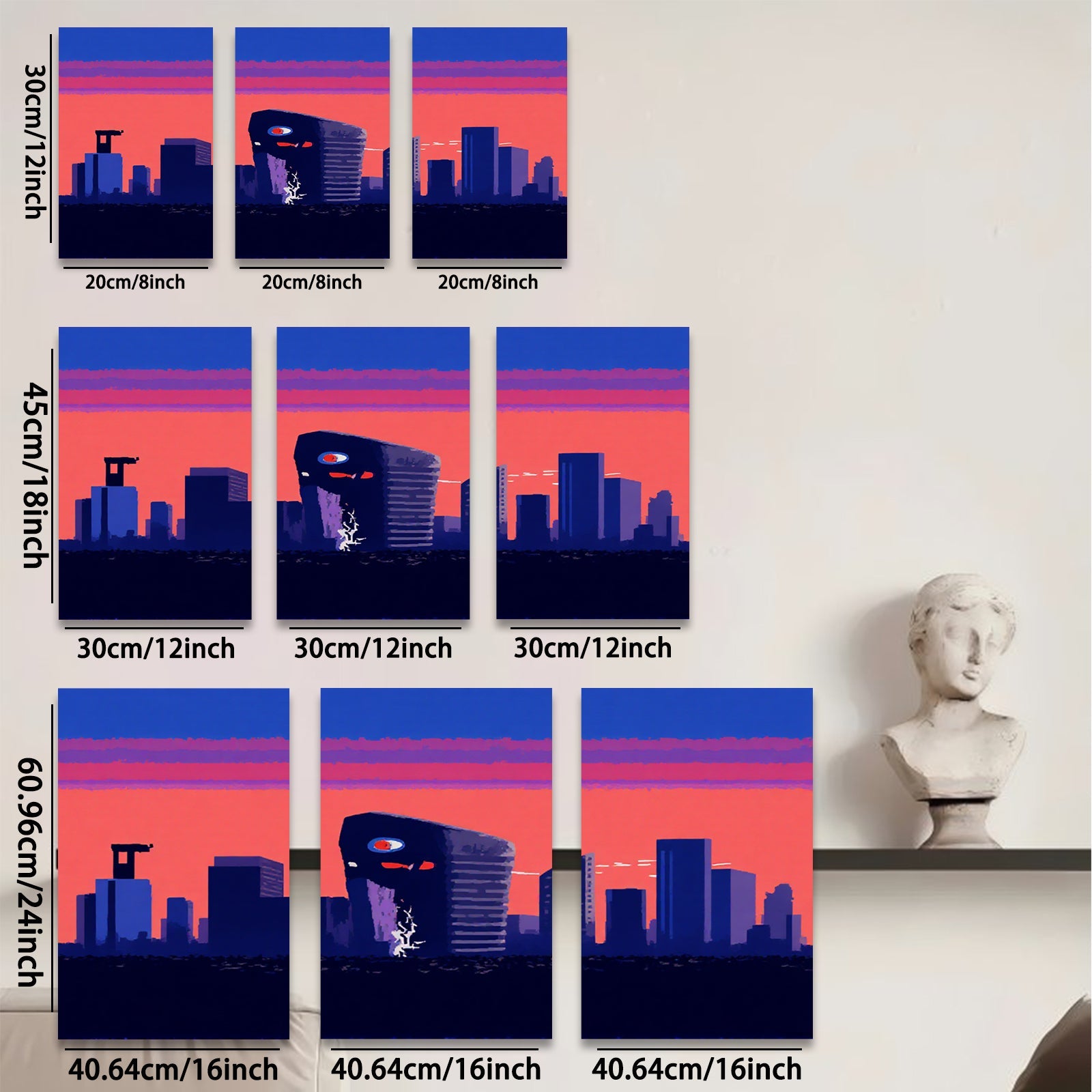 2D flat 1pc dystopian cityscape retro wave neon glow modern wall art bedroom living room decor gallery wrapped canvas prints farmhouse style