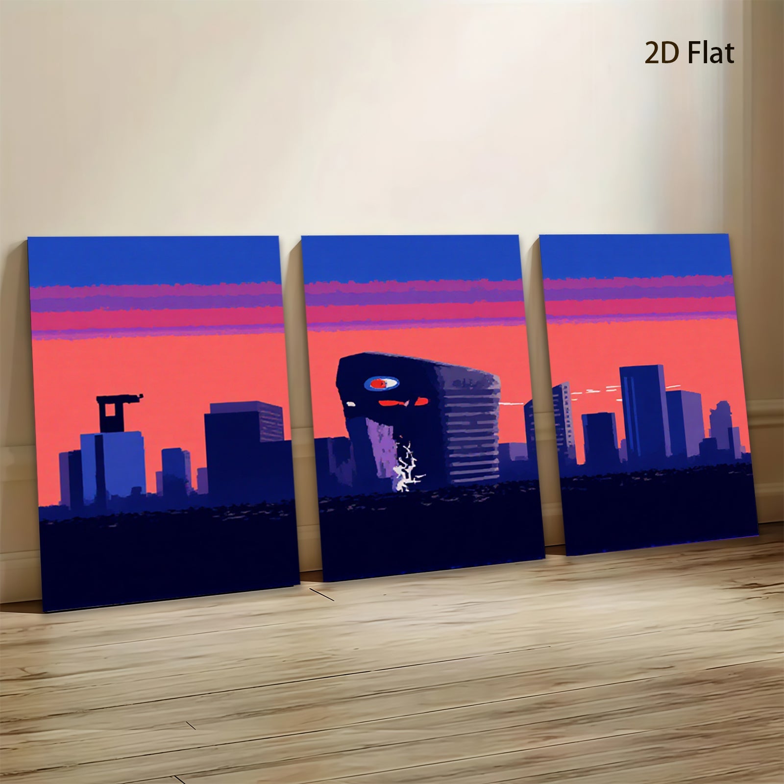 2D flat 1pc dystopian cityscape retro wave neon glow modern wall art bedroom living room decor gallery wrapped canvas prints farmhouse style