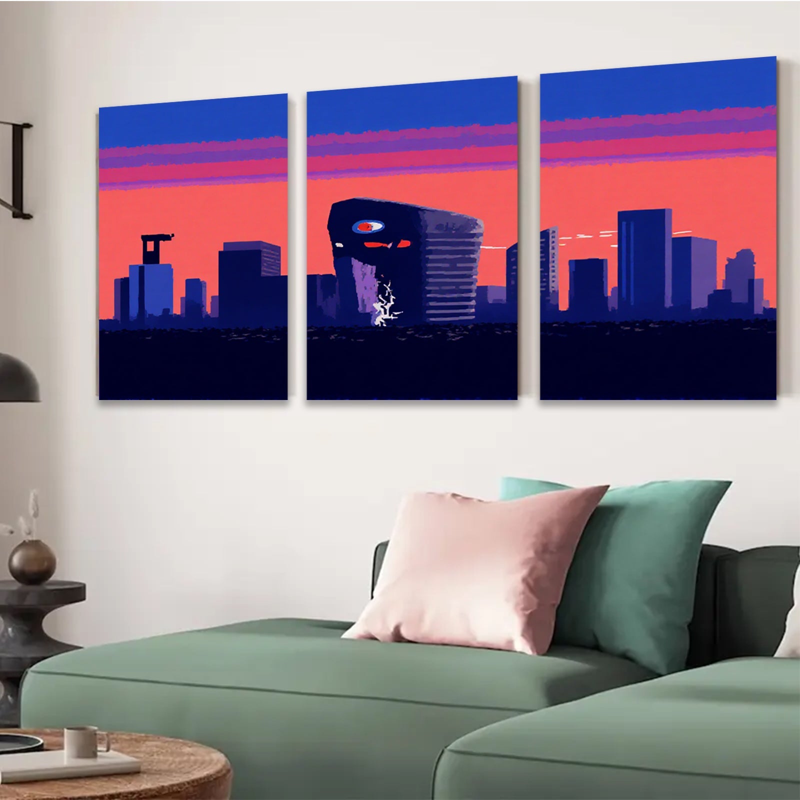 2D flat 1pc dystopian cityscape retro wave neon glow modern wall art bedroom living room decor gallery wrapped canvas prints farmhouse style