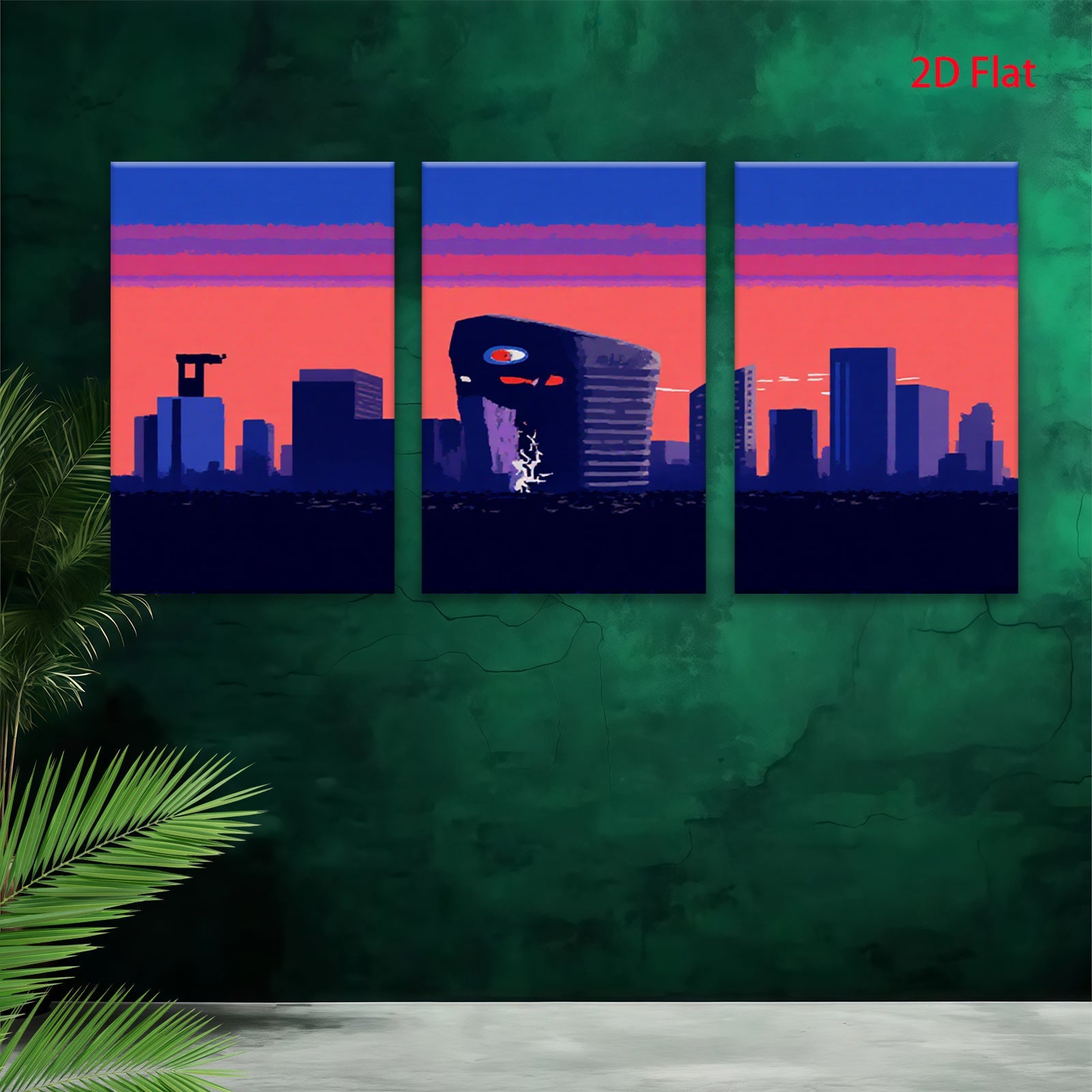 2D flat 1pc dystopian cityscape retro wave neon glow modern wall art bedroom living room decor gallery wrapped canvas prints farmhouse style