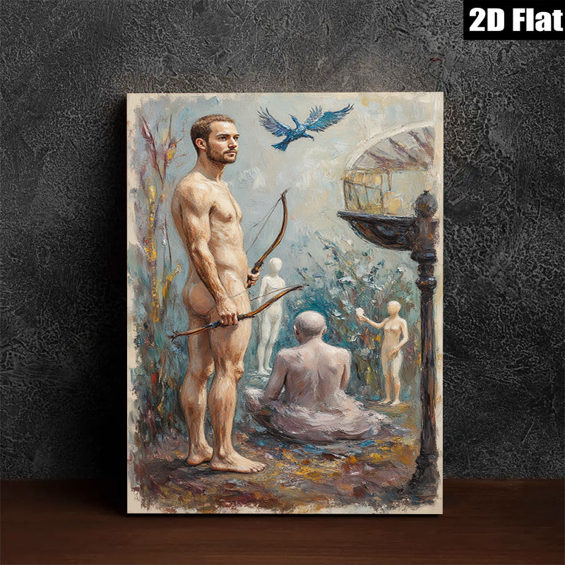2D flat 1pc ethereal hunter amidst ghostly figures woodland scene gallery wall art living room bedroom decor farmhouse style modern aesthetic cozy vibes