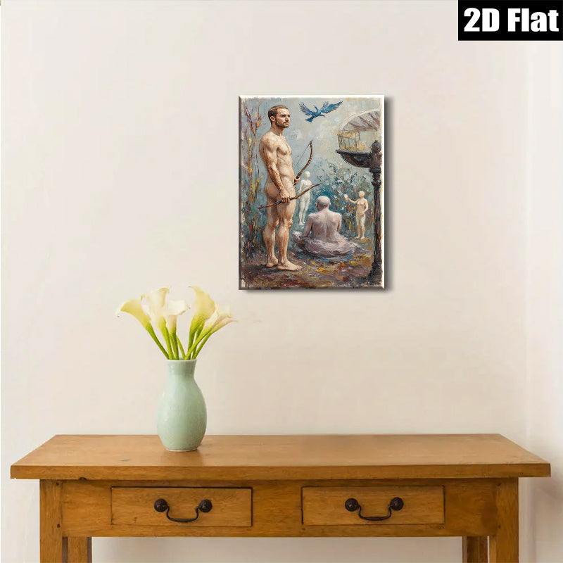 2D flat 1pc ethereal hunter amidst ghostly figures woodland scene gallery wall art living room bedroom decor farmhouse style modern aesthetic cozy vibes