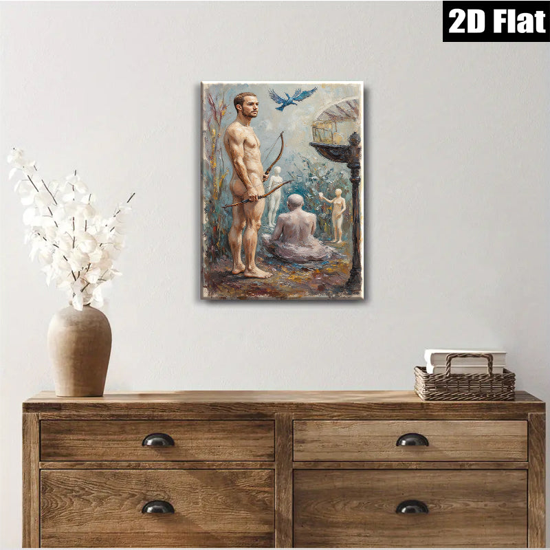 2D flat 1pc ethereal hunter amidst ghostly figures woodland scene gallery wall art living room bedroom decor farmhouse style modern aesthetic cozy vibes
