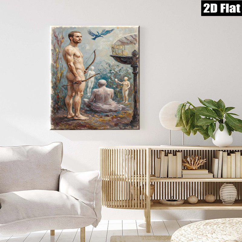 2D flat 1pc ethereal hunter amidst ghostly figures woodland scene gallery wall art living room bedroom decor farmhouse style modern aesthetic cozy vibes