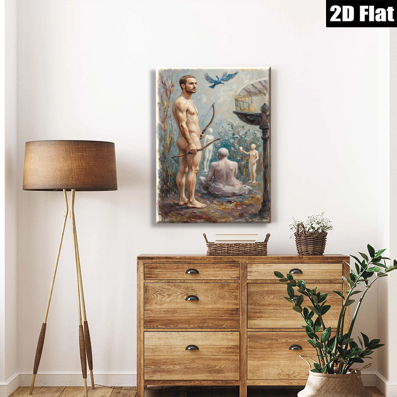 2D flat 1pc ethereal hunter amidst ghostly figures woodland scene gallery wall art living room bedroom decor farmhouse style modern aesthetic cozy vibes