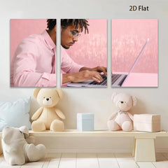 2D flat 1pc focused male typing laptop modern wall art office decor living room canvas print farmhouse style bedroom inspirational art minimalist design trending now