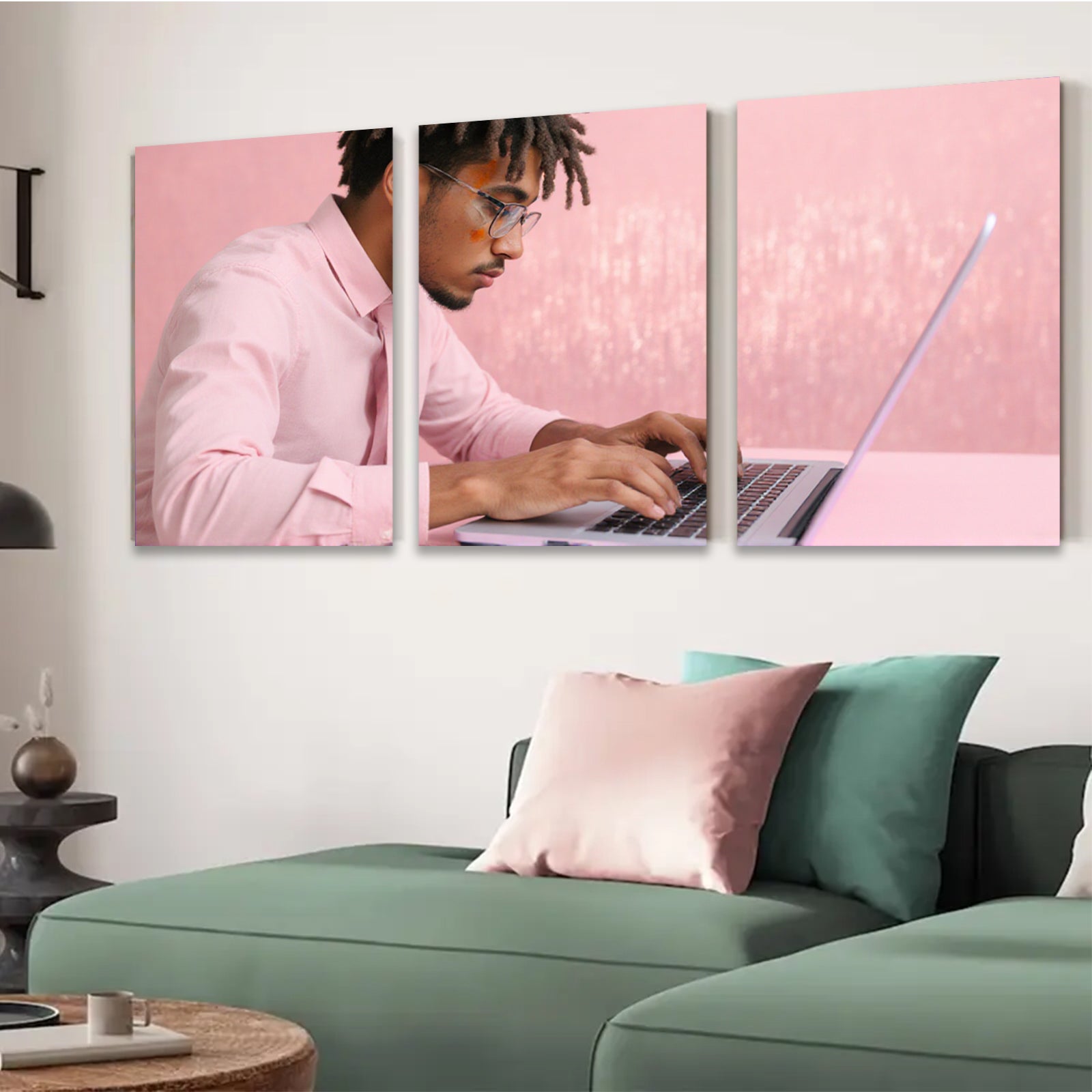 2D flat 1pc focused male typing laptop modern wall art office decor living room canvas print farmhouse style bedroom inspirational art minimalist design trending now